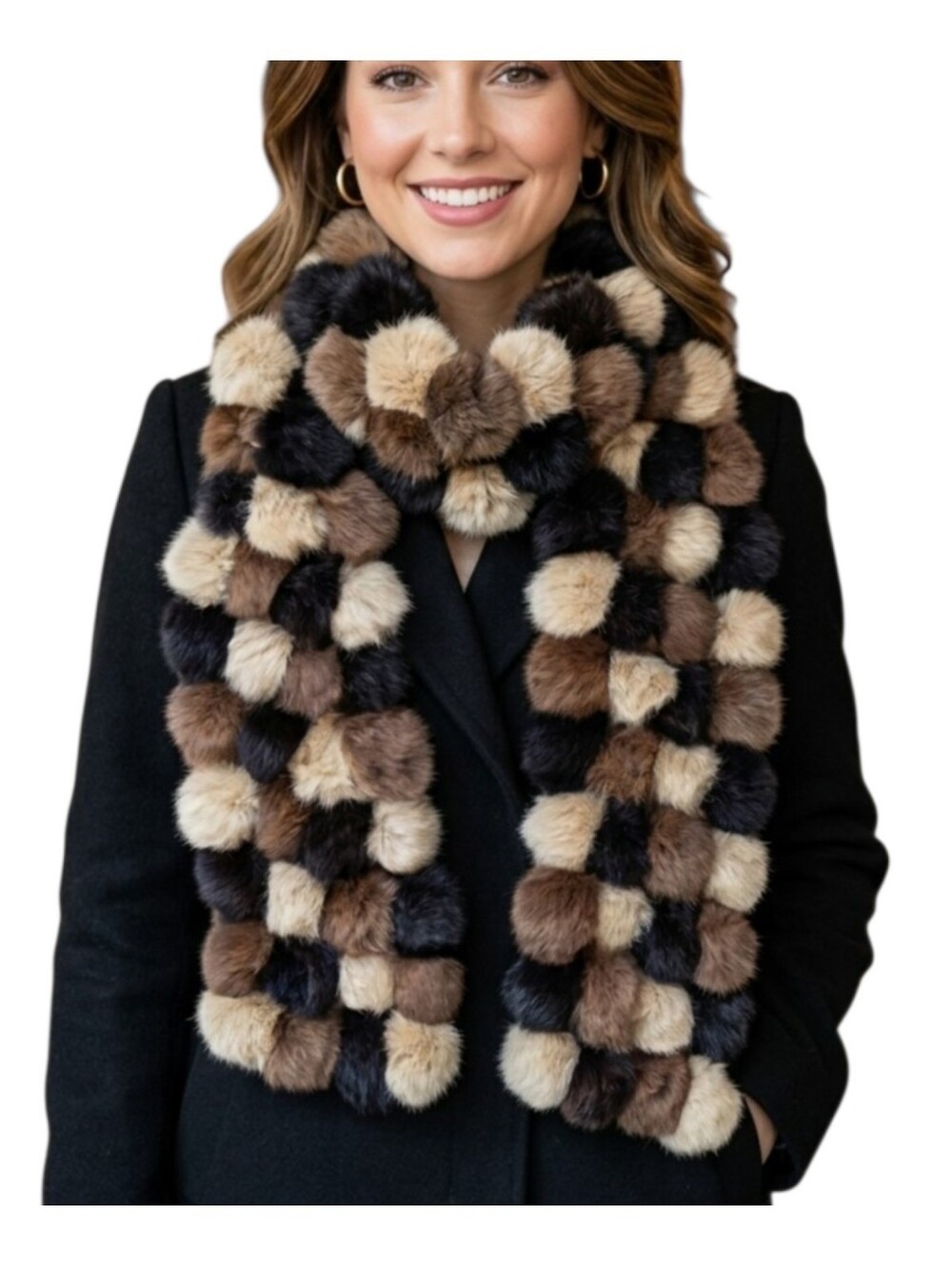 Rabbit Fur Pom Pom Scarf Boa Brown Multi